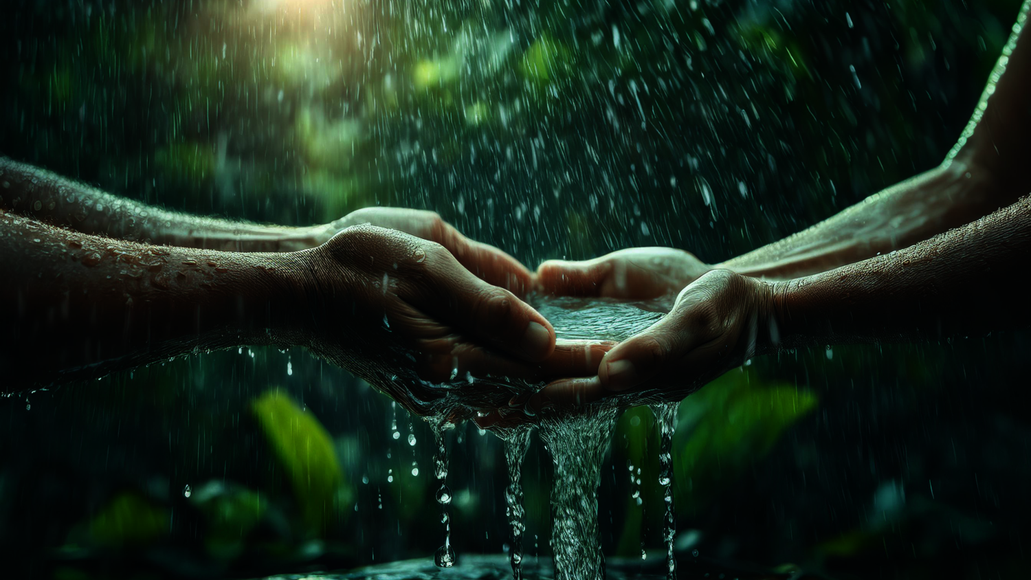 Hands collecting rain for Rainwater Harvesting with Rainy Filters