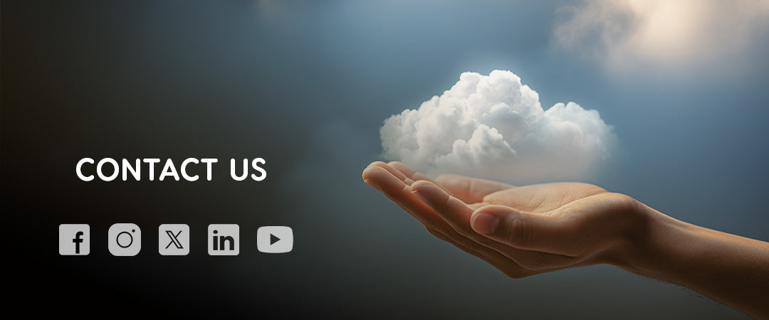 Contact Us Banner with Hand Holding Cloud and Social Icons for Rainwater Harvesting Help