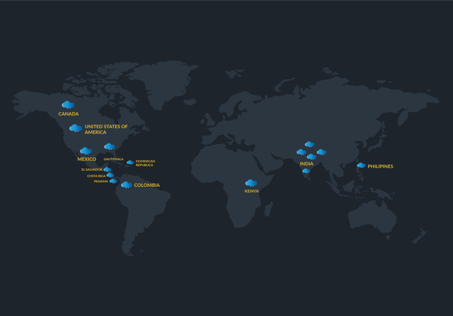 World Map Showing Rainy Filters' Global Network in 10+ Countries for Rainwater Harvesting Solutions